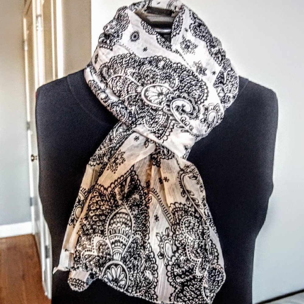Natura Kirawira B&W Print Sheer Oblong Scarf/Wrap